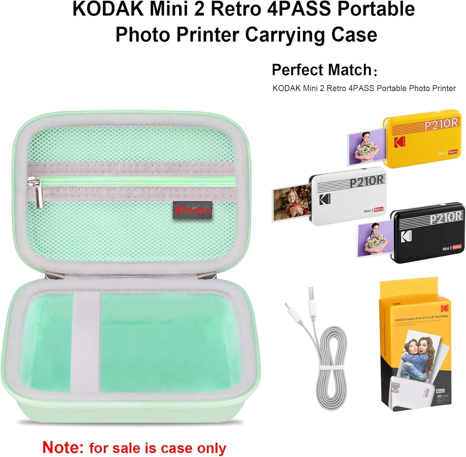Elonbo Carrying Case for KODAK Mini 2 Retro 4PASS Portable Photo Printer, Digital Instant Print Camera Travel Bag Storage Holder, Mesh Pocket Fits Printing Paper, Cable, Green