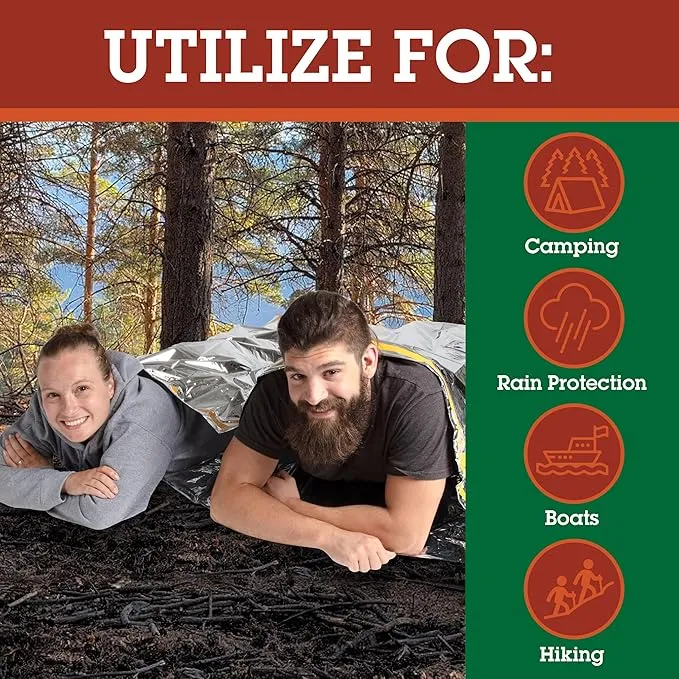 Emergency Thermal Sleeping Bags Weatherproof Mylar Disaster Survival Bivouac | 7 ft x 3 ft | Compact Lightweight Shelter Signal Reflective Utility | Premium Prepper