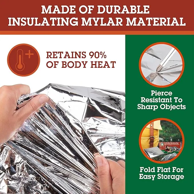 Emergency Thermal Sleeping Bags Weatherproof Mylar Disaster Survival Bivouac | 7 ft x 3 ft | Compact Lightweight Shelter Signal Reflective Utility | Premium Prepper