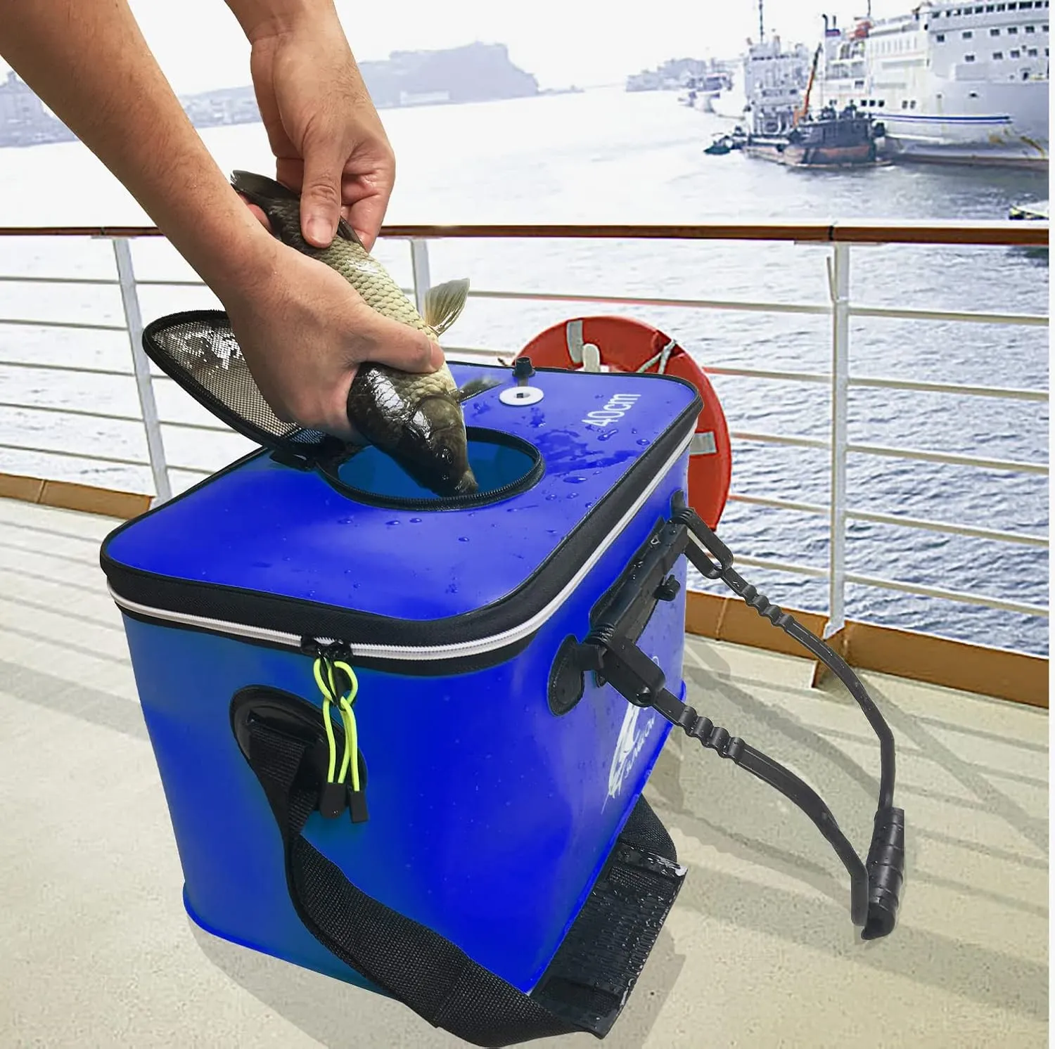 EVA Fishing Bag - Foldable Multi-Functional Bucket for Live Fish, 6GAL/Dark Blue