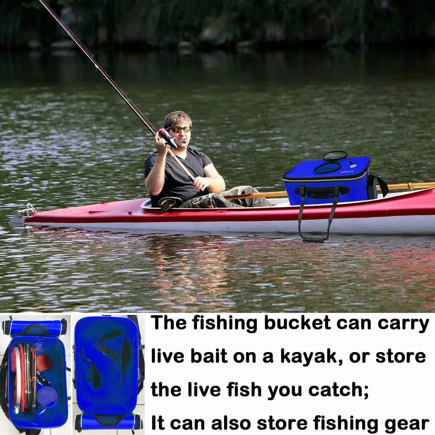 EVA Fishing Bag - Foldable Multi-Functional Bucket for Live Fish, 6GAL/Dark Blue
