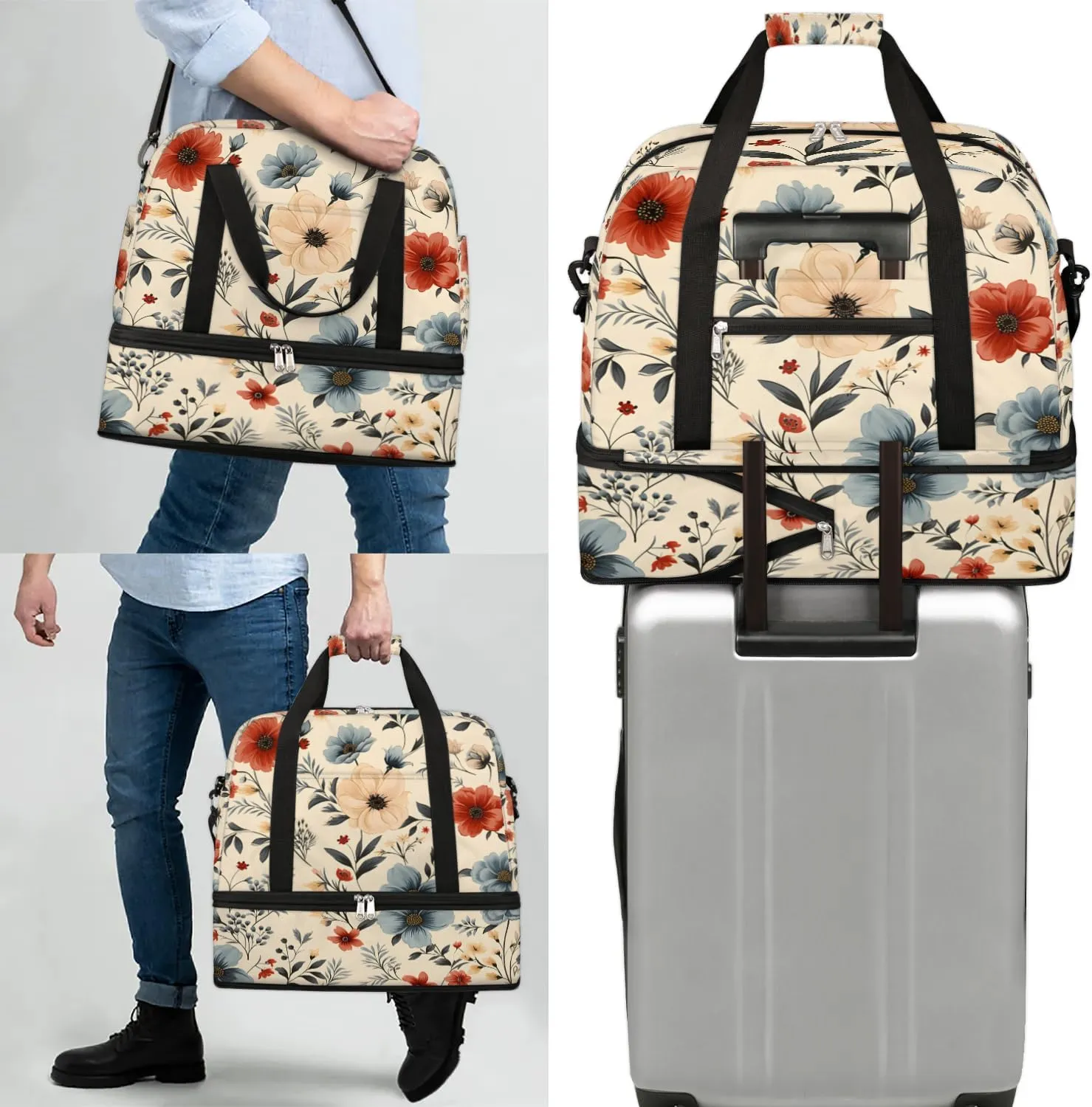 Exquisite Drawing Flowers Patterns Travel Duffle Bag, Collapsible Travel Bag Sports Gym Bag With Shoes Compartment Weekender Bag Overnight Bag For Women Men