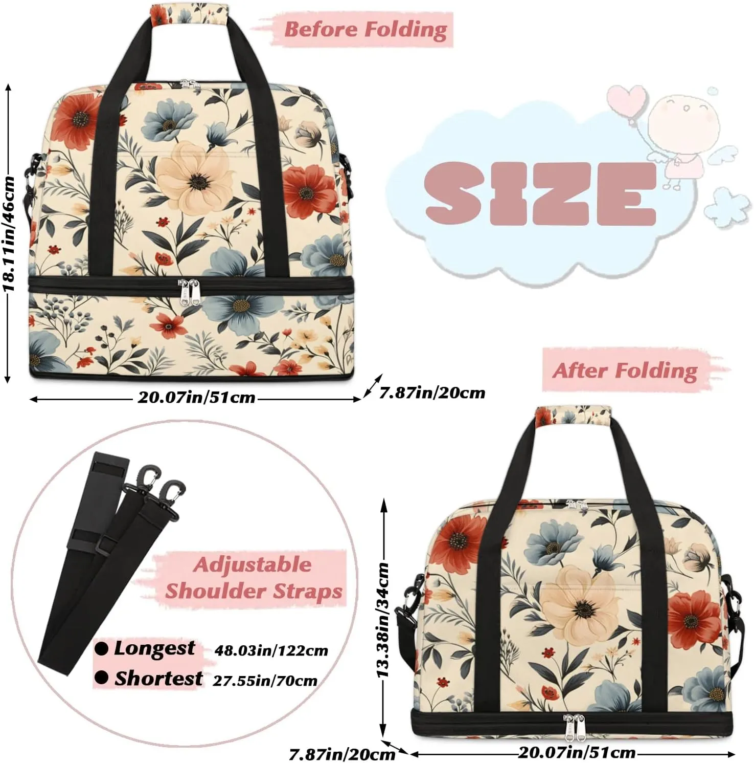 Exquisite Drawing Flowers Patterns Travel Duffle Bag, Collapsible Travel Bag Sports Gym Bag With Shoes Compartment Weekender Bag Overnight Bag For Women Men