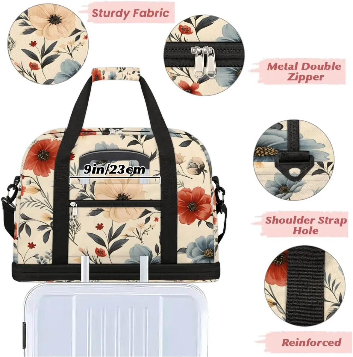 Exquisite Drawing Flowers Patterns Travel Duffle Bag, Collapsible Travel Bag Sports Gym Bag With Shoes Compartment Weekender Bag Overnight Bag For Women Men