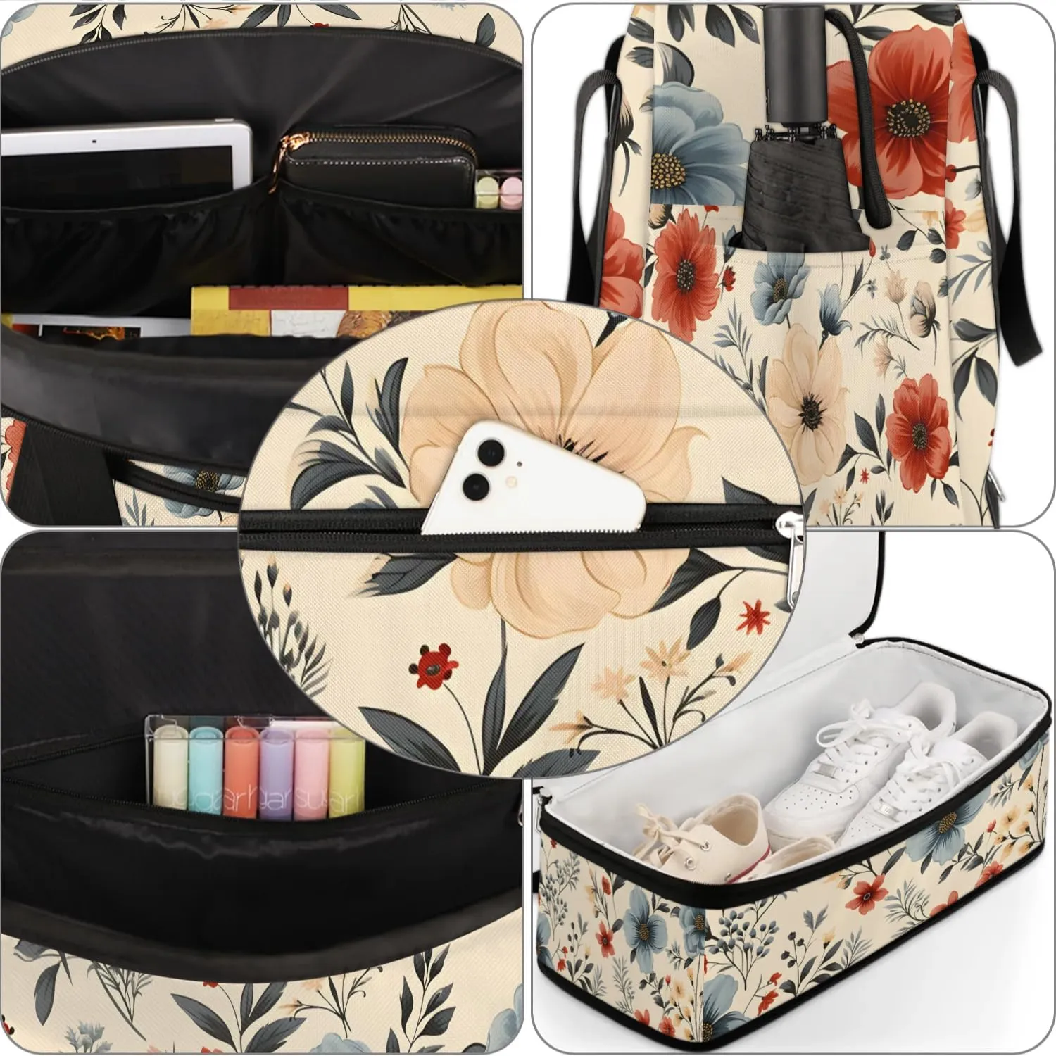 Exquisite Drawing Flowers Patterns Travel Duffle Bag, Collapsible Travel Bag Sports Gym Bag With Shoes Compartment Weekender Bag Overnight Bag For Women Men