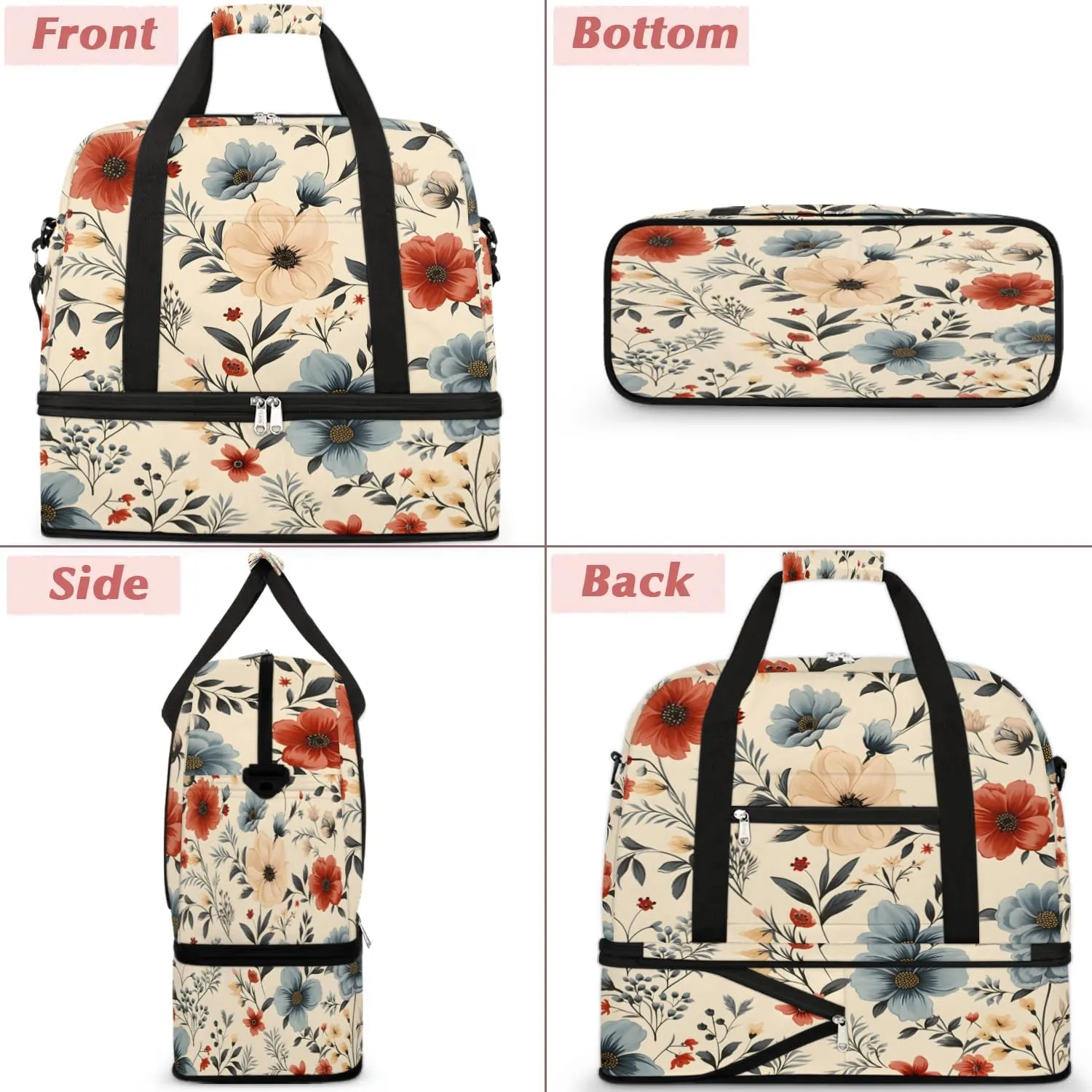 Exquisite Drawing Flowers Patterns Travel Duffle Bag, Collapsible Travel Bag Sports Gym Bag With Shoes Compartment Weekender Bag Overnight Bag For Women Men
