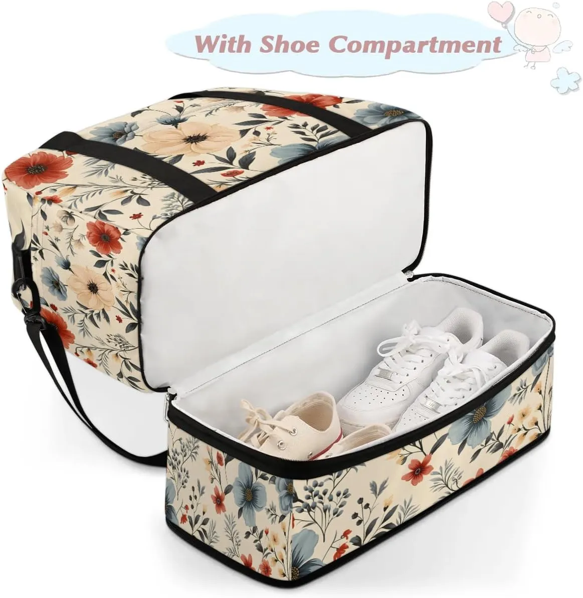 Exquisite Drawing Flowers Patterns Travel Duffle Bag, Collapsible Travel Bag Sports Gym Bag With Shoes Compartment Weekender Bag Overnight Bag For Women Men