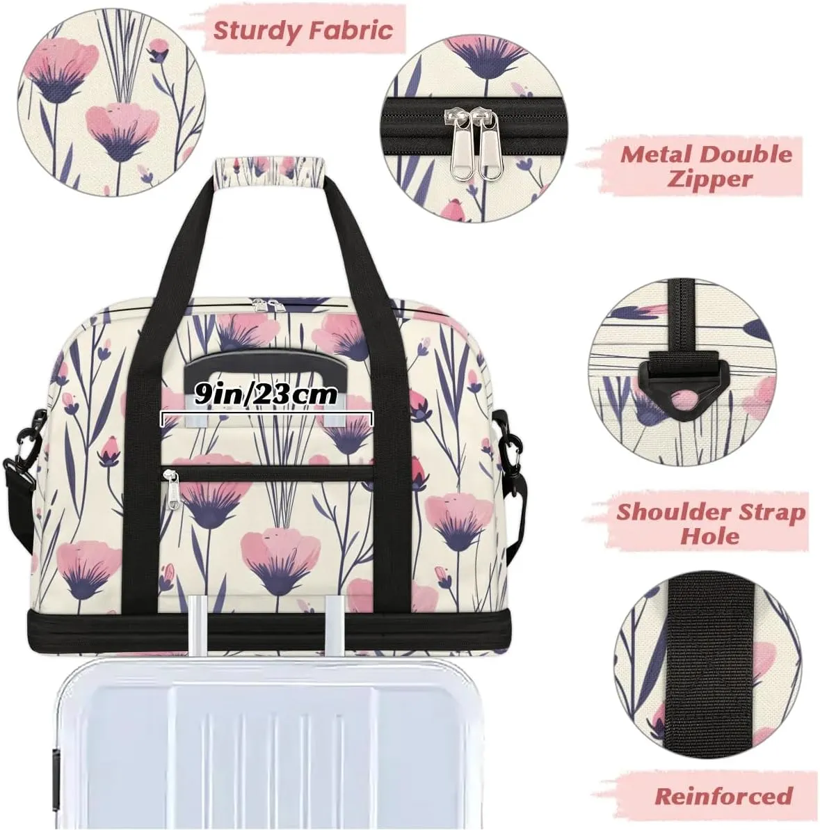 Exquisite Flower Colorful Print Travel Duffle Bag, Collapsible Travel Bag Sports Gym Bag With Shoes Compartment Weekender Bag Overnight Bag For Women Men