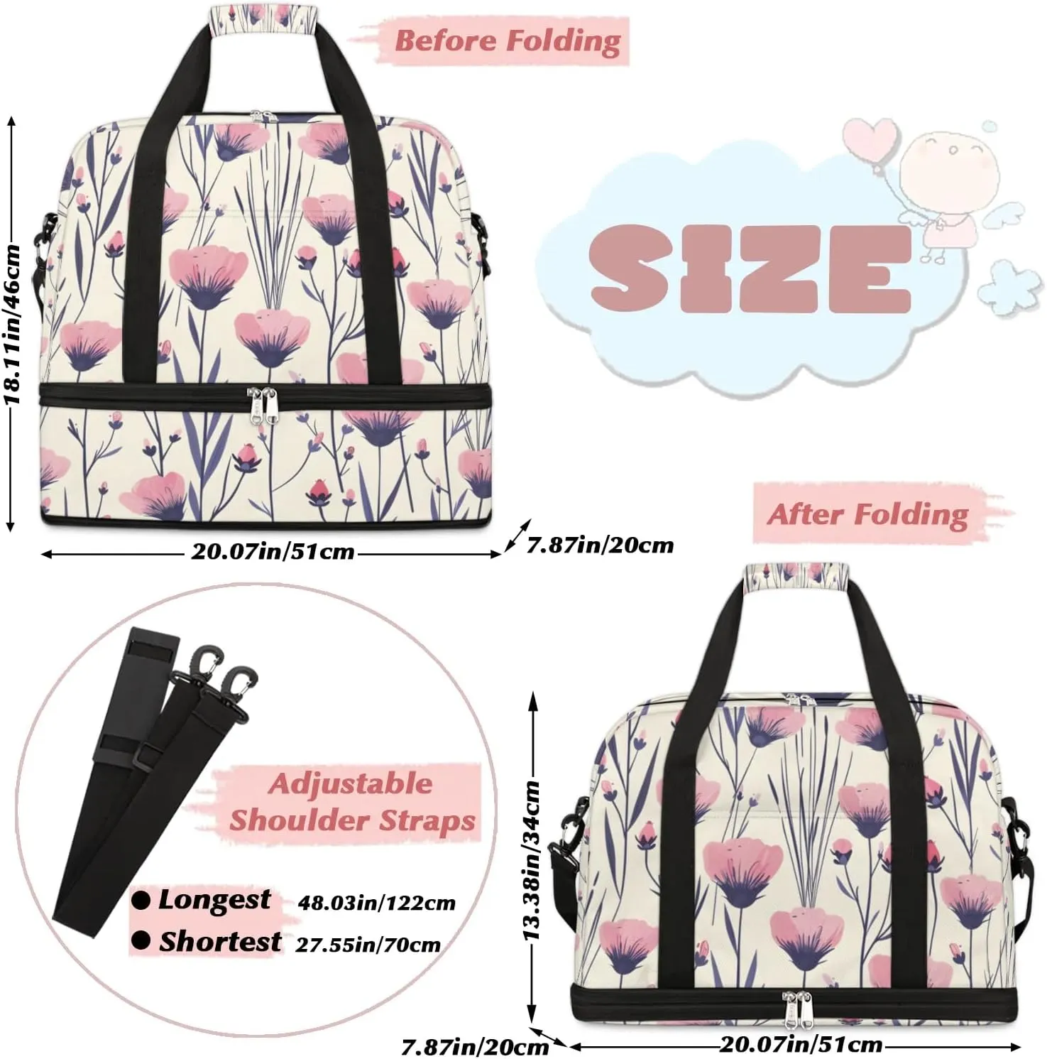 Exquisite Flower Colorful Print Travel Duffle Bag, Collapsible Travel Bag Sports Gym Bag With Shoes Compartment Weekender Bag Overnight Bag For Women Men