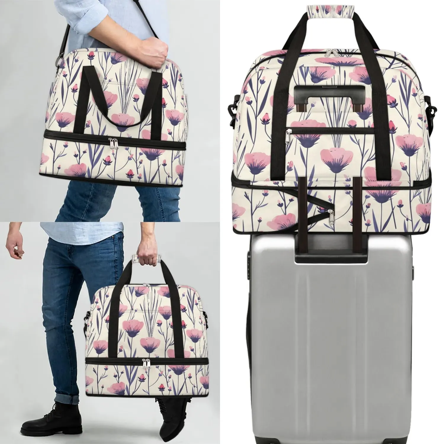 Exquisite Flower Colorful Print Travel Duffle Bag, Collapsible Travel Bag Sports Gym Bag With Shoes Compartment Weekender Bag Overnight Bag For Women Men