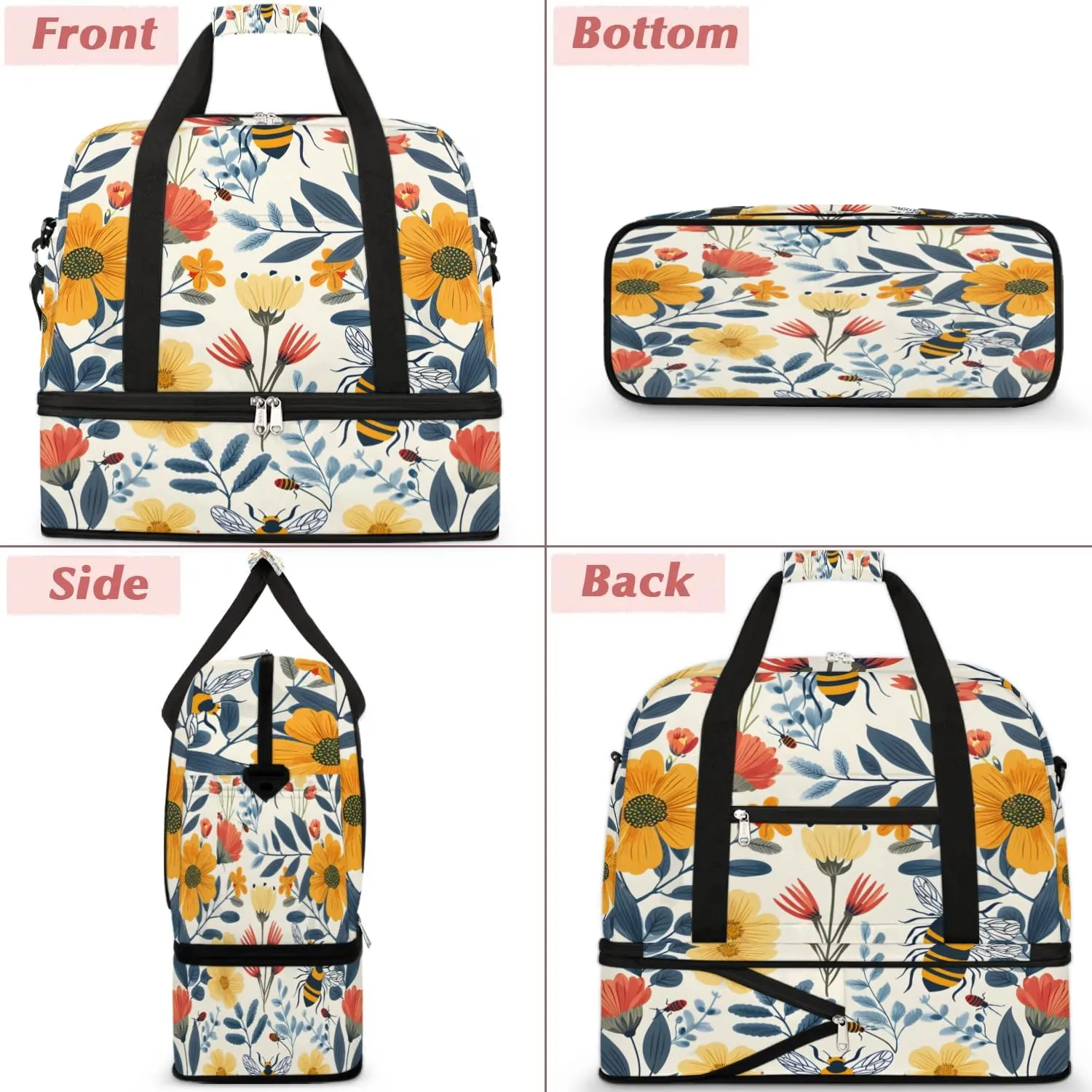 Exquisite Flower Colorful Printings Travel Duffle Bag, Collapsible Travel Bag Sports Gym Bag With Shoes Compartment Weekender Bag Overnight Bag For Women Men