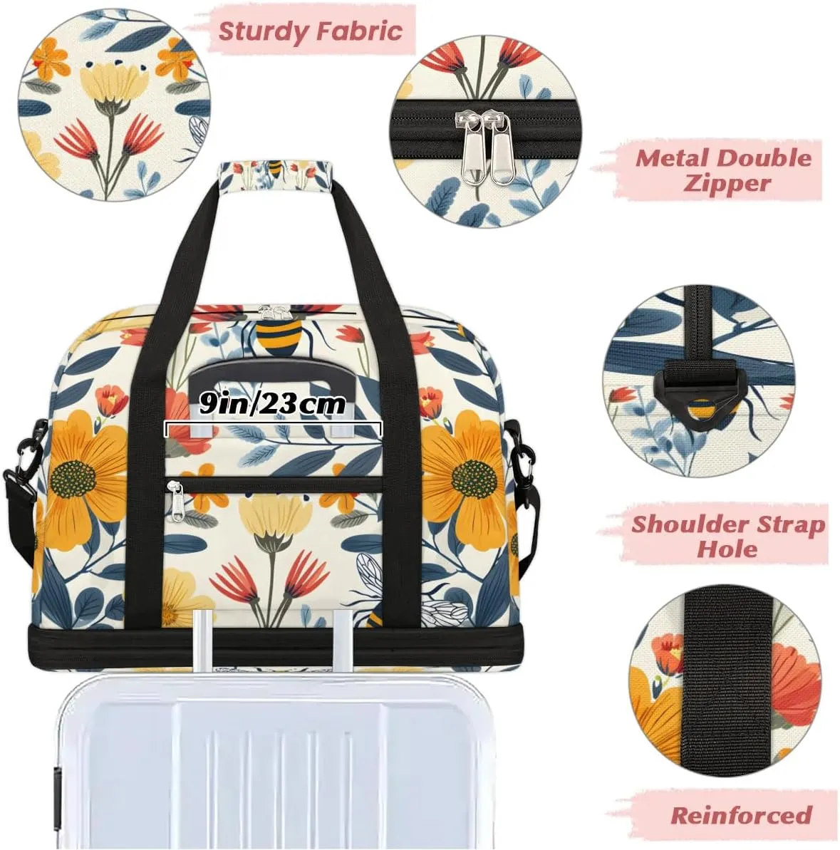 Exquisite Flower Colorful Printings Travel Duffle Bag, Collapsible Travel Bag Sports Gym Bag With Shoes Compartment Weekender Bag Overnight Bag For Women Men