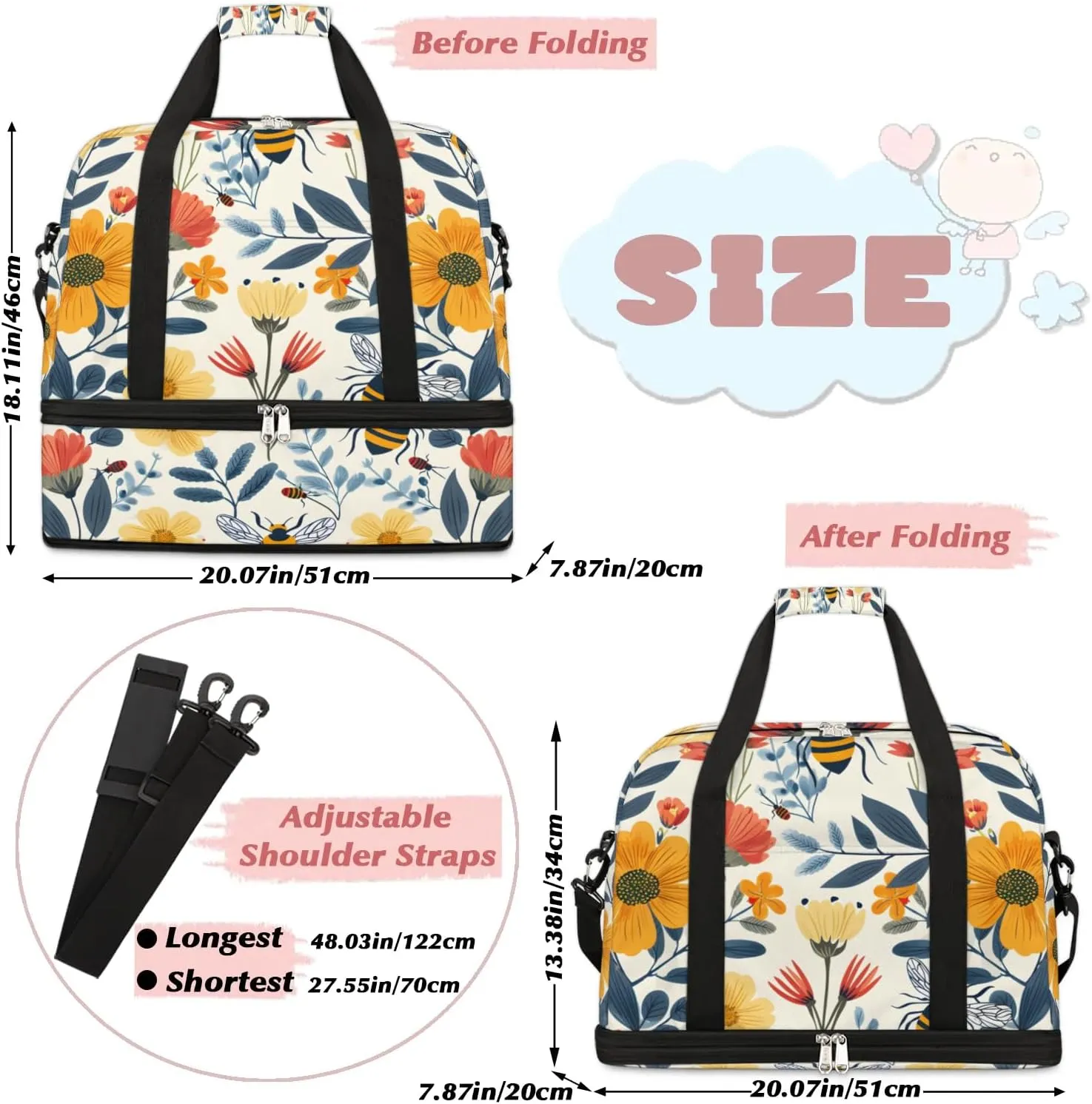Exquisite Flower Colorful Printings Travel Duffle Bag, Collapsible Travel Bag Sports Gym Bag With Shoes Compartment Weekender Bag Overnight Bag For Women Men