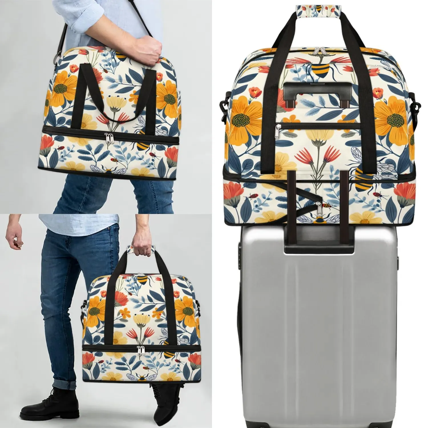 Exquisite Flower Colorful Printings Travel Duffle Bag, Collapsible Travel Bag Sports Gym Bag With Shoes Compartment Weekender Bag Overnight Bag For Women Men
