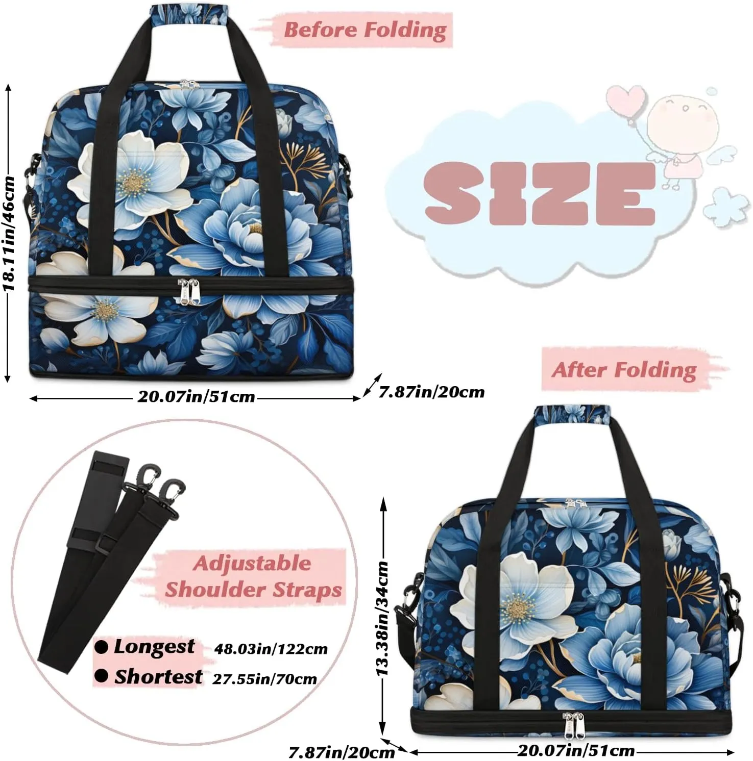 Exquisite Vivid Flower Print Travel Duffle Bag, Collapsible Travel Bag Sports Gym Bag With Shoes Compartment Weekender Bag Overnight Bag For Women Men