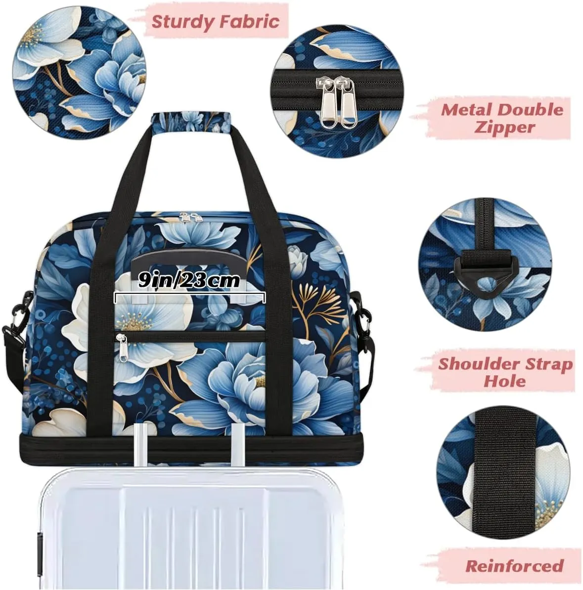 Exquisite Vivid Flower Print Travel Duffle Bag, Collapsible Travel Bag Sports Gym Bag With Shoes Compartment Weekender Bag Overnight Bag For Women Men