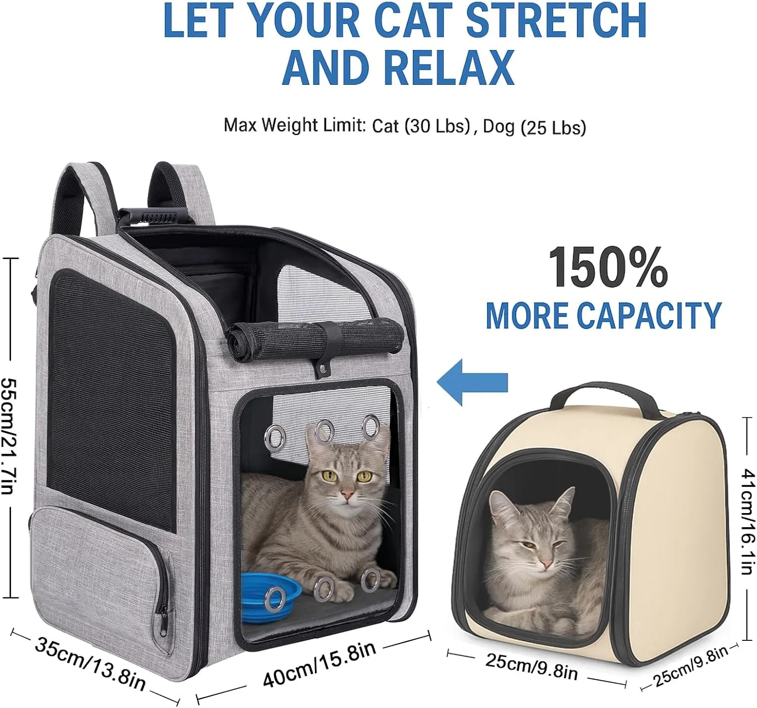 Extra Large Pet Carrier Backpack Cats Under 30 Lbs, for Dogs Puppies Rabbits Other Animals Under 25 Lbs, Ventilated Design, Great for Travel/Hiking/Outdoor Use