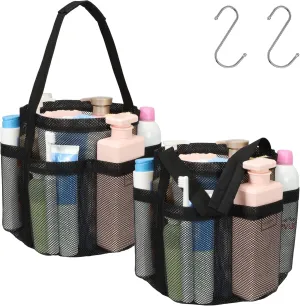 F-color Mesh Shower Caddy Portable, Shower Basket Tote for College Dorm Room Gym Rv Essentials, 8.5" Deeper Pocket Quick Dry Bathroom Caddy Bag with S Hook, 2 Packs Black