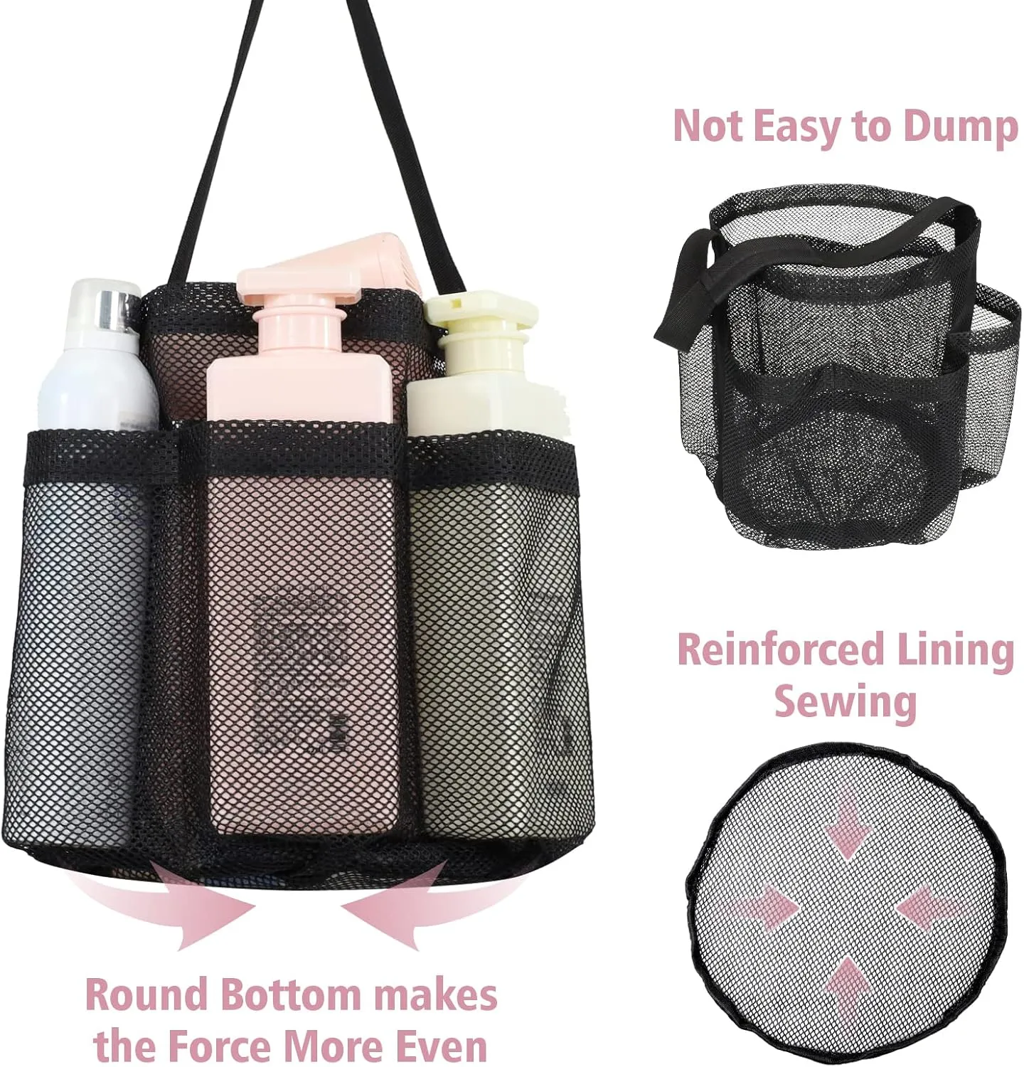 F-color Mesh Shower Caddy Portable, Shower Basket Tote for College Dorm Room Gym Rv Essentials, 8.5" Deeper Pocket Quick Dry Bathroom Caddy Bag with S Hook, 2 Packs Black