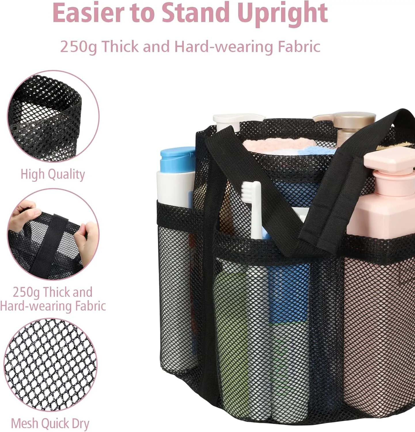 F-color Mesh Shower Caddy Portable, Shower Basket Tote for College Dorm Room Gym Rv Essentials, 8.5" Deeper Pocket Quick Dry Bathroom Caddy Bag with S Hook, 2 Packs Black