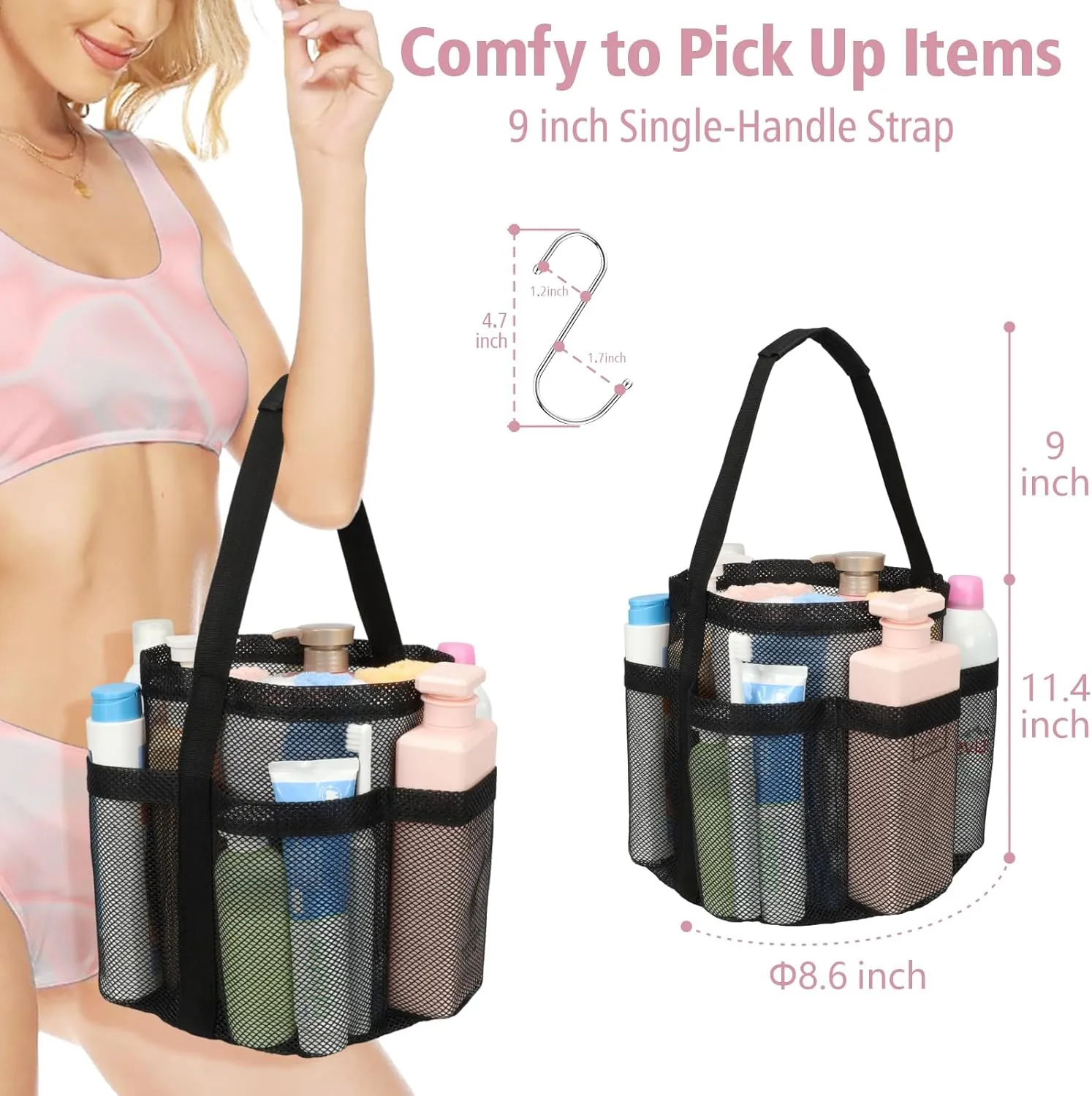 F-color Mesh Shower Caddy Portable, Shower Basket Tote for College Dorm Room Gym Rv Essentials, 8.5" Deeper Pocket Quick Dry Bathroom Caddy Bag with S Hook, 2 Packs Black