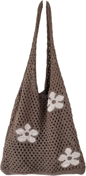 Fairycore Crochet Tote Bag Y2K Grunge Knitted Shoulder Bag Aesthetic Flower Hollow Out Purse Cottagecore Accessories