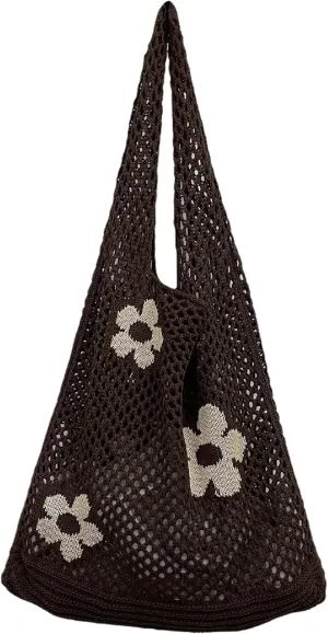 Fairycore Crochet Tote Bag Y2K Grunge Knitted Shoulder Bag Aesthetic Flower Hollow Out Purse Cottagecore Accessories
