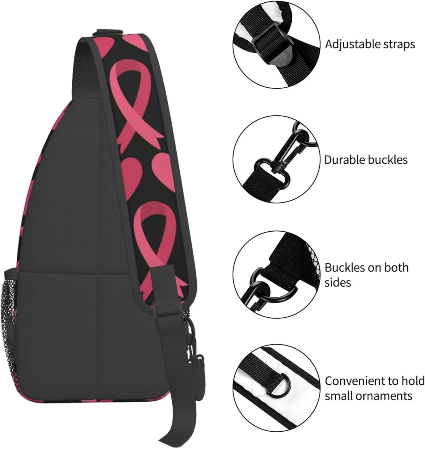 Fashion Sling Bag Waterproof Sling Shoulder Backpack Lightweight pink ribbon breast cancer awareness symbol hearts Sling Bag Chest Anti-Theft Crossbody Sling Backpack Casual Outdoor Backpack