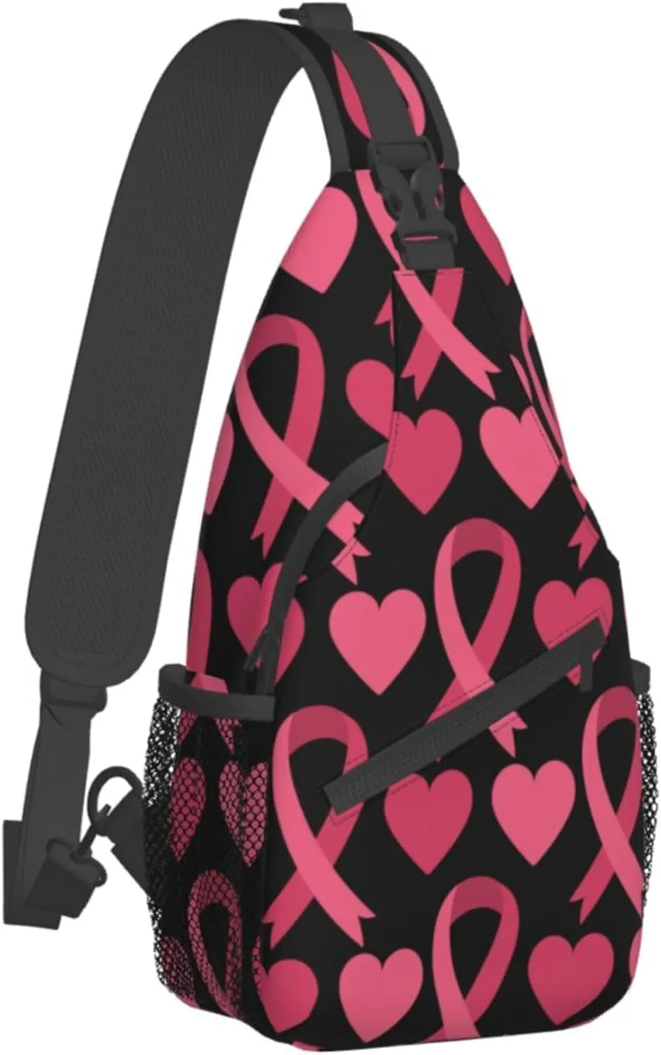 Fashion Sling Bag Waterproof Sling Shoulder Backpack Lightweight pink ribbon breast cancer awareness symbol hearts Sling Bag Chest Anti-Theft Crossbody Sling Backpack Casual Outdoor Backpack