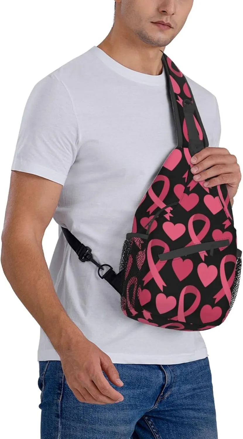 Fashion Sling Bag Waterproof Sling Shoulder Backpack Lightweight pink ribbon breast cancer awareness symbol hearts Sling Bag Chest Anti-Theft Crossbody Sling Backpack Casual Outdoor Backpack
