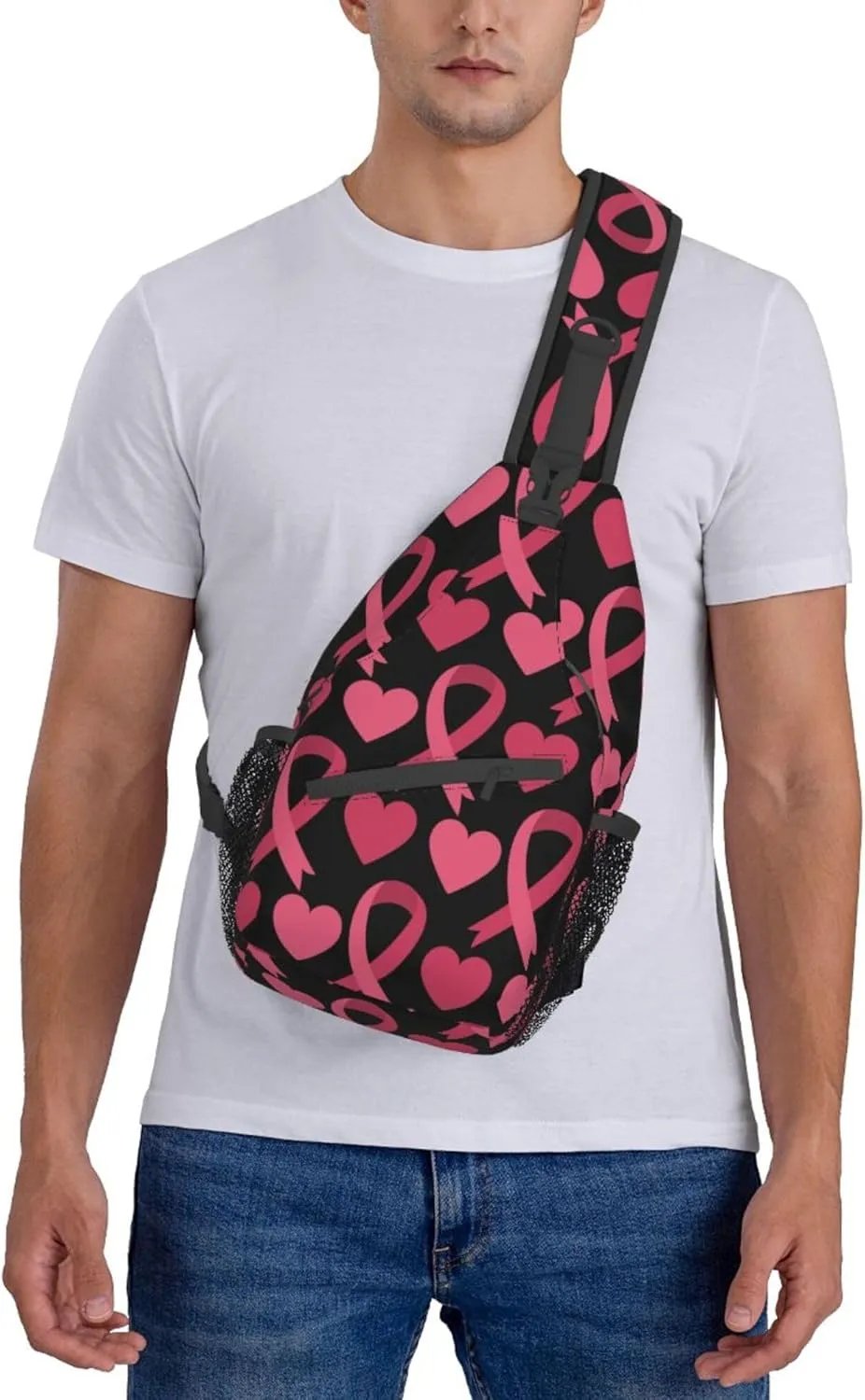 Fashion Sling Bag Waterproof Sling Shoulder Backpack Lightweight pink ribbon breast cancer awareness symbol hearts Sling Bag Chest Anti-Theft Crossbody Sling Backpack Casual Outdoor Backpack