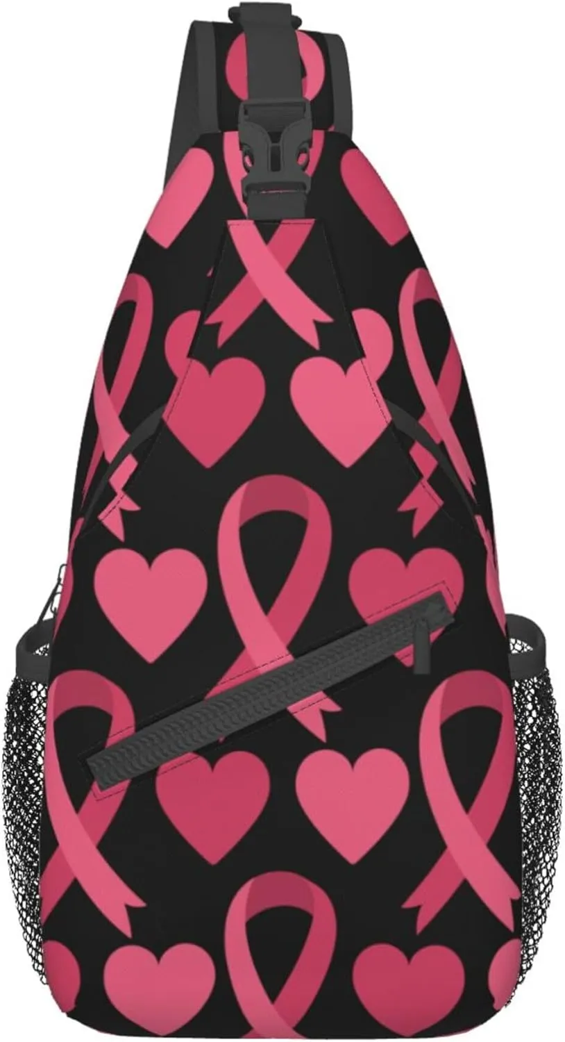 Fashion Sling Bag Waterproof Sling Shoulder Backpack Lightweight pink ribbon breast cancer awareness symbol hearts Sling Bag Chest Anti-Theft Crossbody Sling Backpack Casual Outdoor Backpack