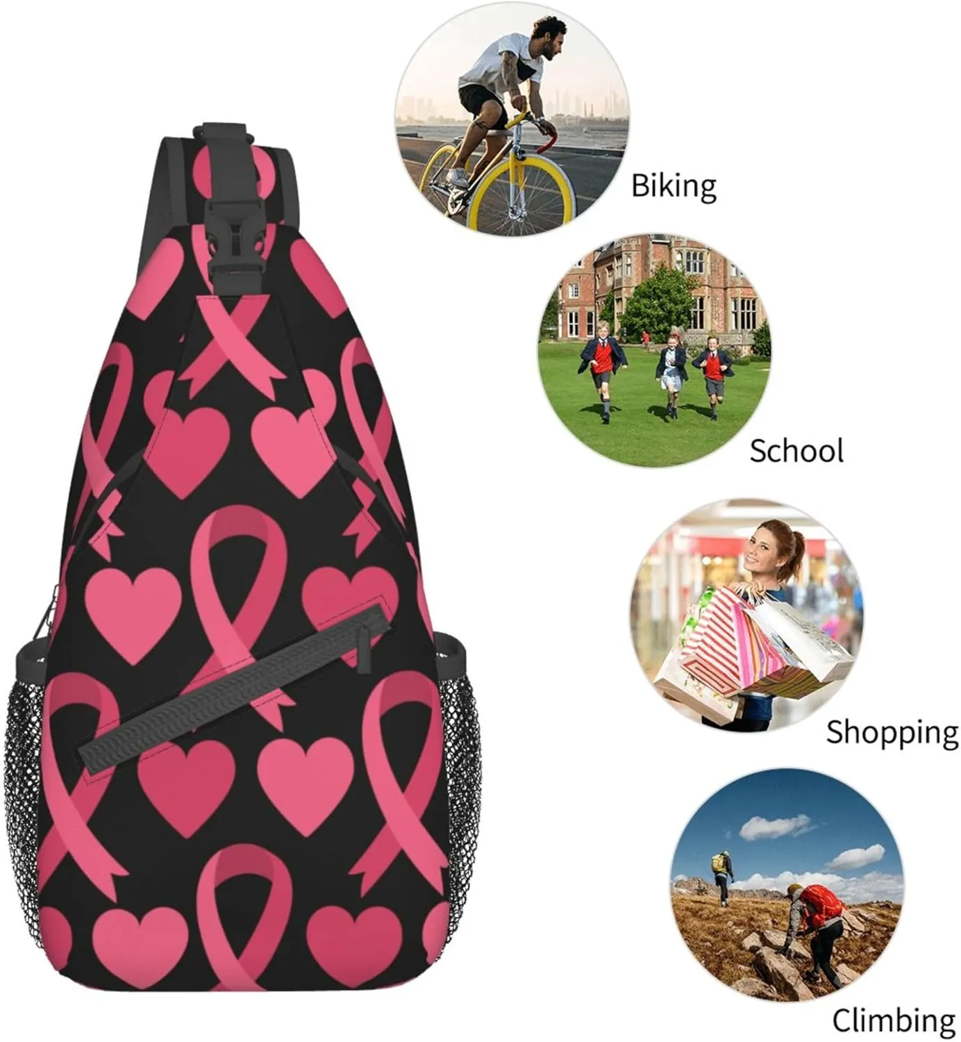 Fashion Sling Bag Waterproof Sling Shoulder Backpack Lightweight pink ribbon breast cancer awareness symbol hearts Sling Bag Chest Anti-Theft Crossbody Sling Backpack Casual Outdoor Backpack