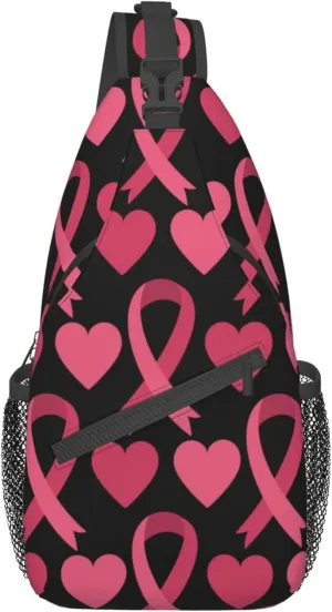 Fashion Sling Bag Waterproof Sling Shoulder Backpack Lightweight pink ribbon breast cancer awareness symbol hearts Sling Bag Chest Anti-Theft Crossbody Sling Backpack Casual Outdoor Backpack