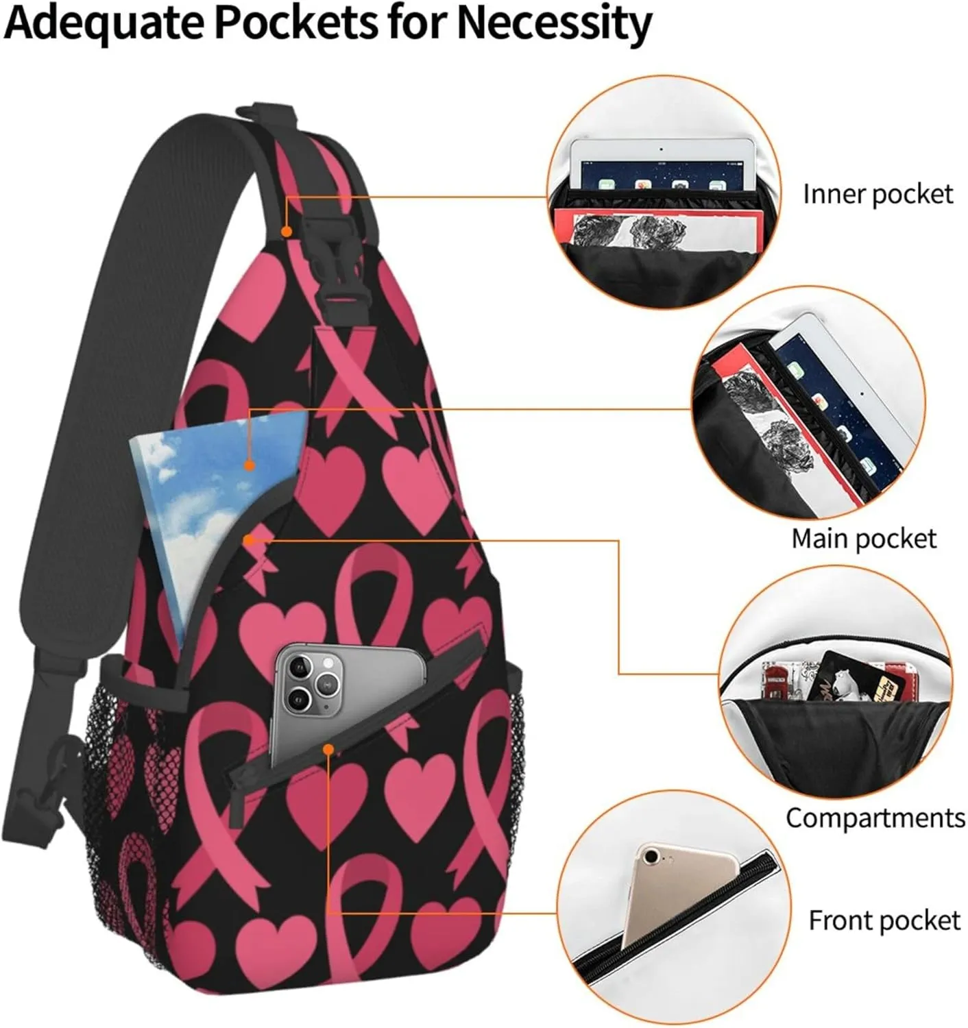 Fashion Sling Bag Waterproof Sling Shoulder Backpack Lightweight pink ribbon breast cancer awareness symbol hearts Sling Bag Chest Anti-Theft Crossbody Sling Backpack Casual Outdoor Backpack