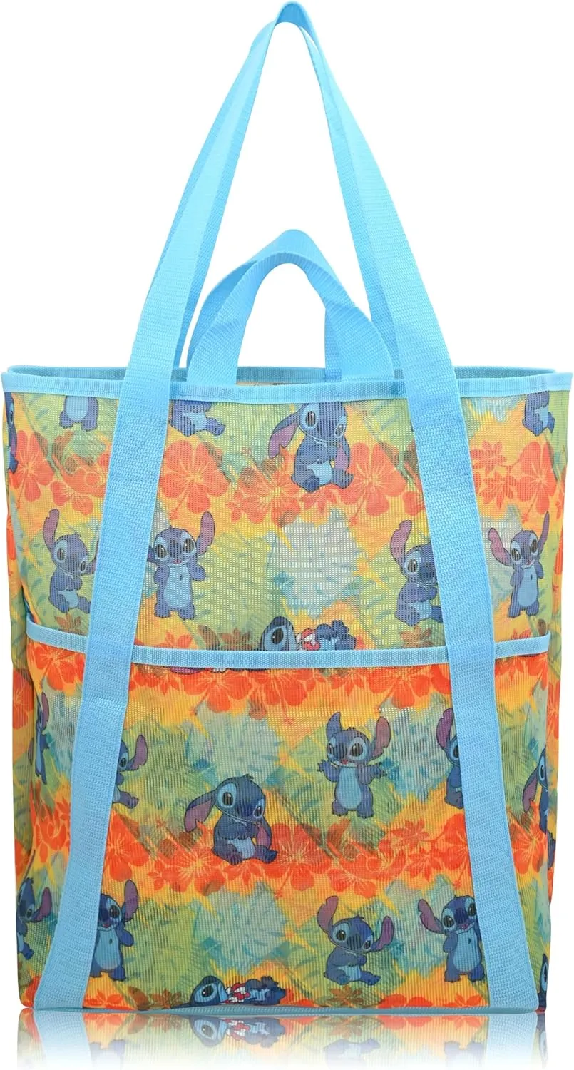 Fast Forward Disney Stitch Beach Bag Tote Bag for Women | Mesh Beach Tote Bag Reusable Grocery Bag | Blue and Green Travel Bag Stitch Accessories
