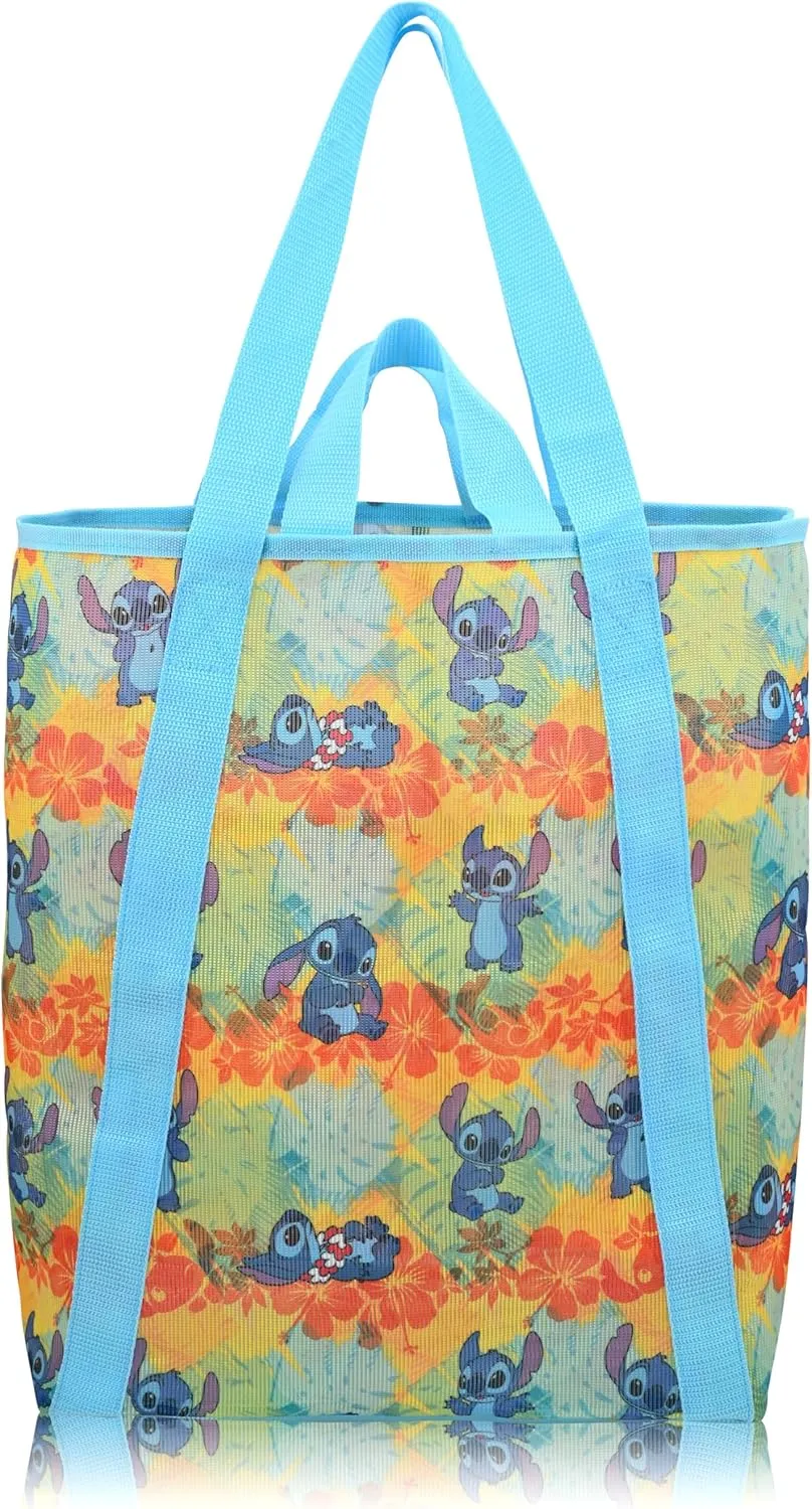 Fast Forward Disney Stitch Beach Bag Tote Bag for Women | Mesh Beach Tote Bag Reusable Grocery Bag | Blue and Green Travel Bag Stitch Accessories
