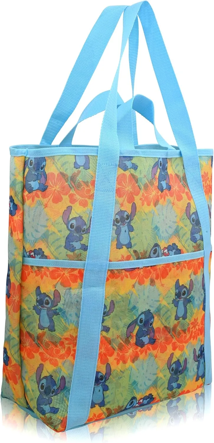 Fast Forward Disney Stitch Beach Bag Tote Bag for Women | Mesh Beach Tote Bag Reusable Grocery Bag | Blue and Green Travel Bag Stitch Accessories