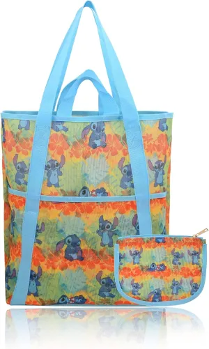 Fast Forward Disney Stitch Beach Bag Tote Bag for Women | Mesh Beach Tote Bag Reusable Grocery Bag | Blue and Green Travel Bag Stitch Accessories