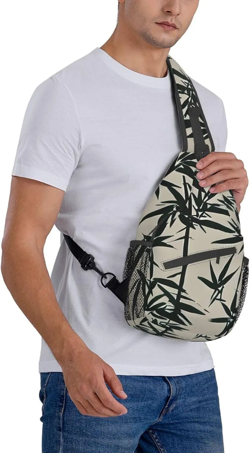 Fish bird and bamboo Leaves painting Print Sling Backpack, Sling Bag, Crossbody Chest Bag Daypack, for Hiking Travel