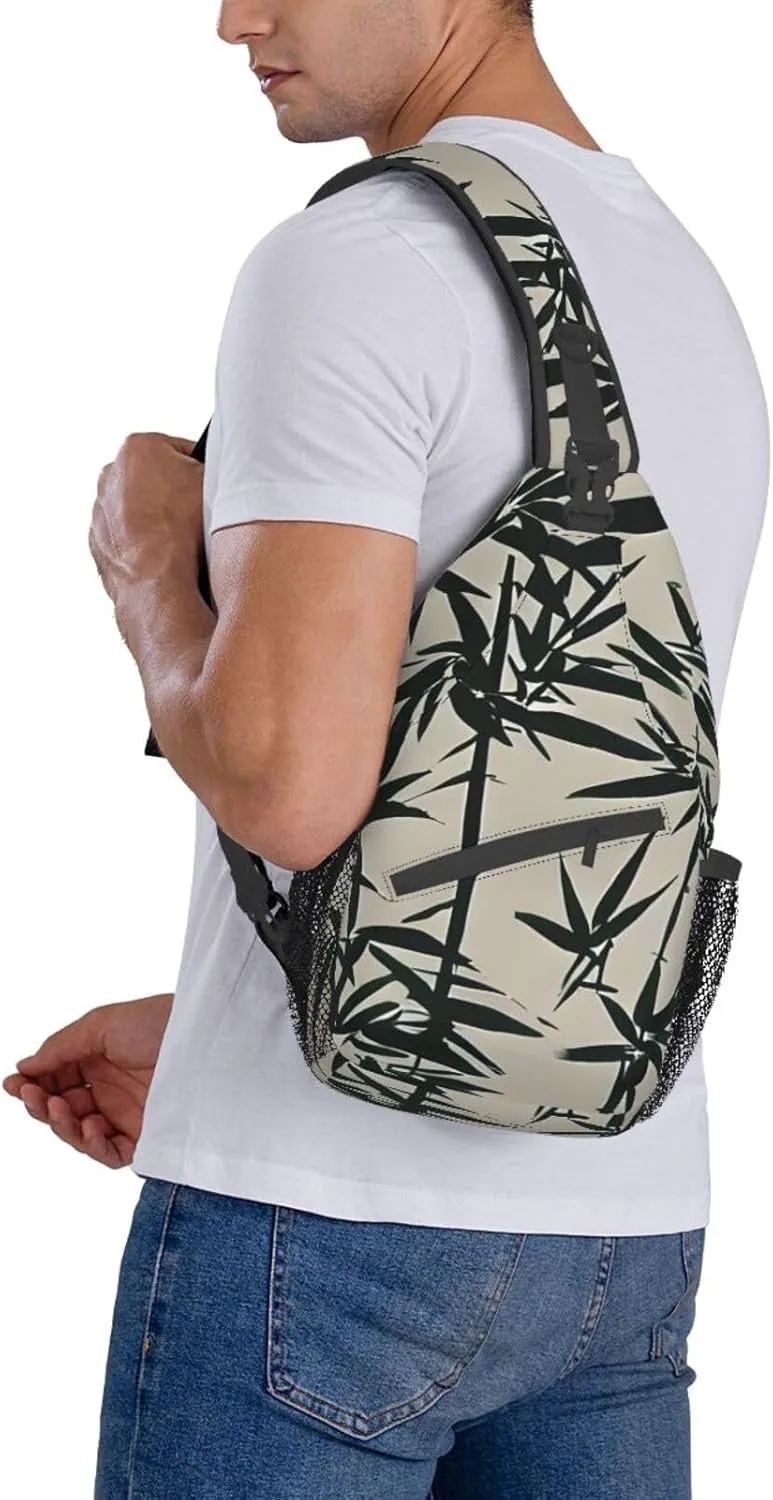 Fish bird and bamboo Leaves painting Print Sling Backpack, Sling Bag, Crossbody Chest Bag Daypack, for Hiking Travel