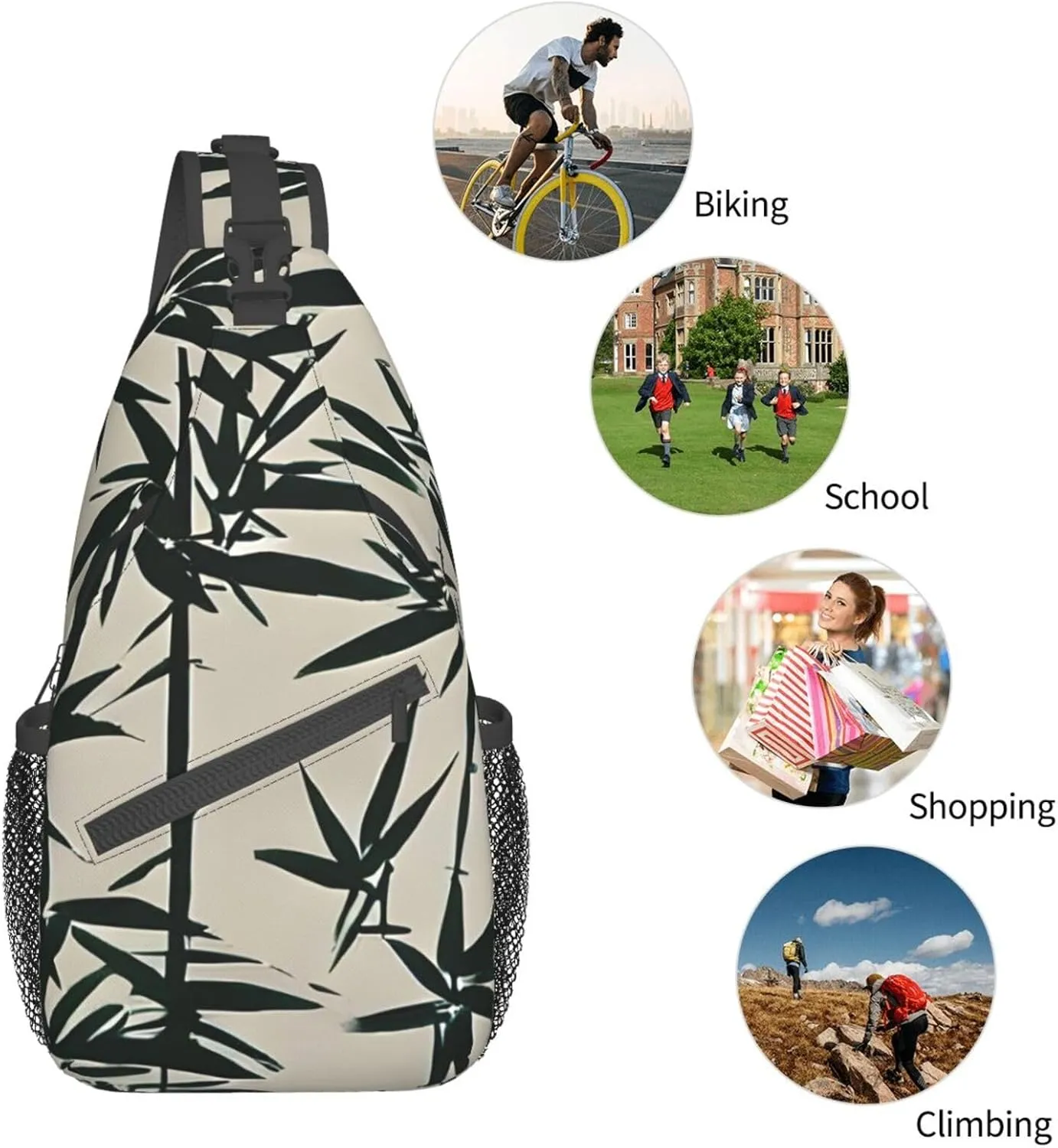 Fish bird and bamboo Leaves painting Print Sling Backpack, Sling Bag, Crossbody Chest Bag Daypack, for Hiking Travel