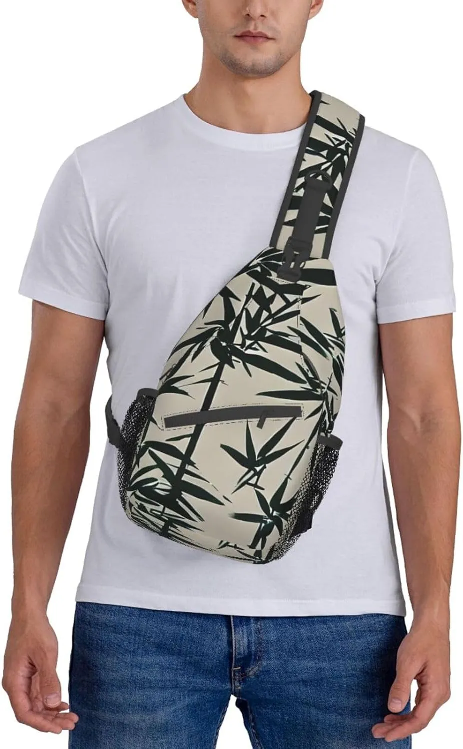 Fish bird and bamboo Leaves painting Print Sling Backpack, Sling Bag, Crossbody Chest Bag Daypack, for Hiking Travel