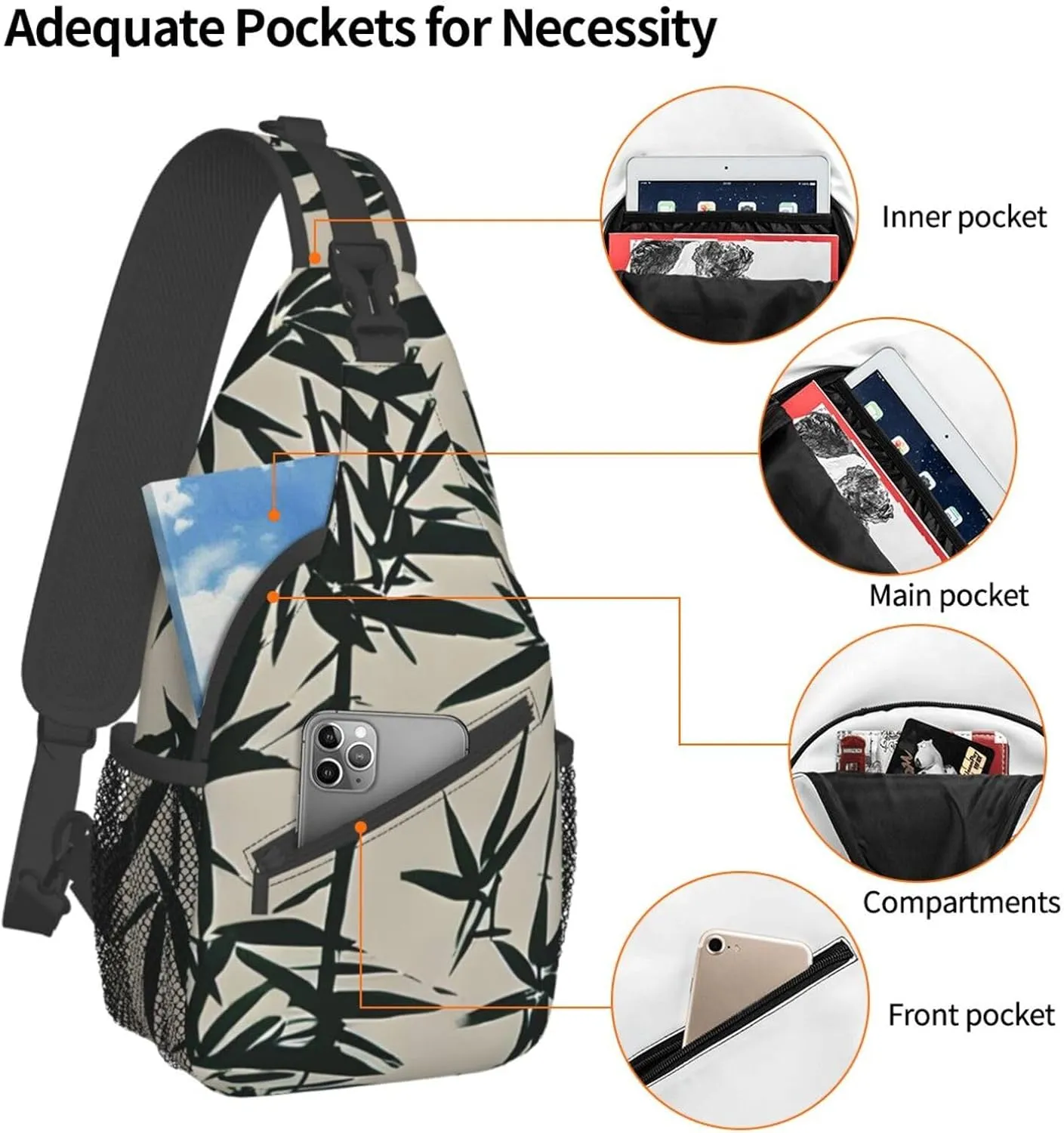 Fish bird and bamboo Leaves painting Print Sling Backpack, Sling Bag, Crossbody Chest Bag Daypack, for Hiking Travel