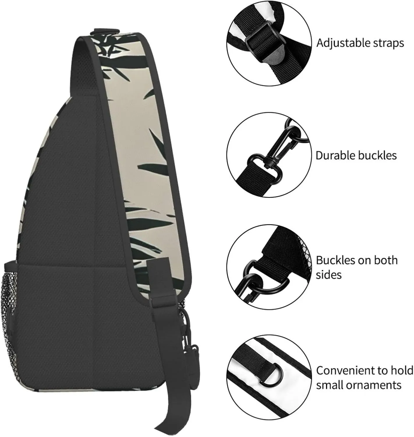 Fish bird and bamboo Leaves painting Print Sling Backpack, Sling Bag, Crossbody Chest Bag Daypack, for Hiking Travel