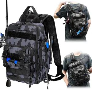 Fishing Backpack Bags Shoulder Sling Bag Tackle Storage Fishing Bag with Rod Holder Fishing Tool Gear for Outdoor Fishing Hiking Hunting(blue and black)