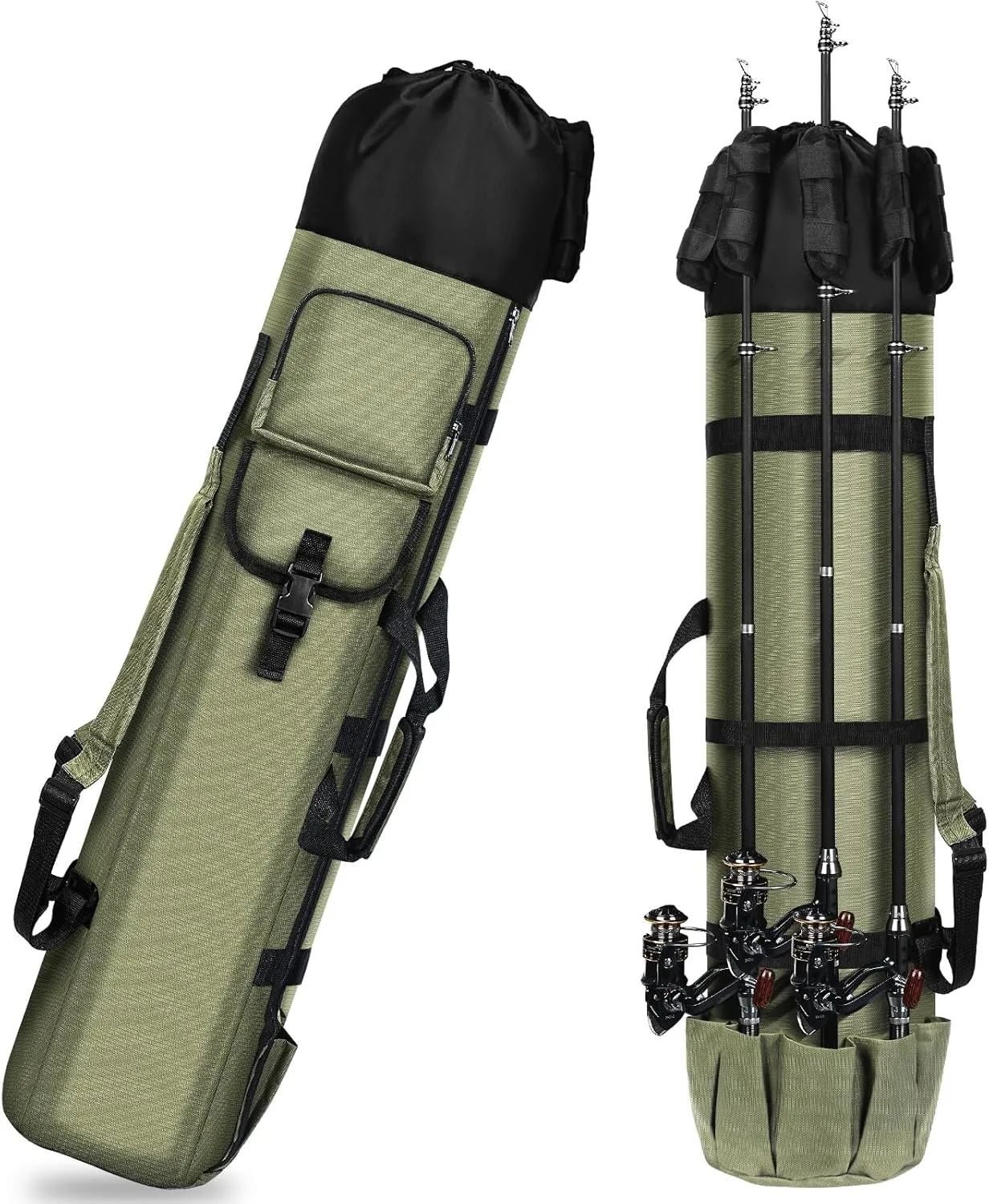 Fishing Bag Fishing Rod Case, Oxford Portable Folding Fishing Pole Bag Large Capacity Outdoor Waterproof Tackle Storage Travel Backpack Carry Organizer Fishing Accessories for Fishing Hiking, Green