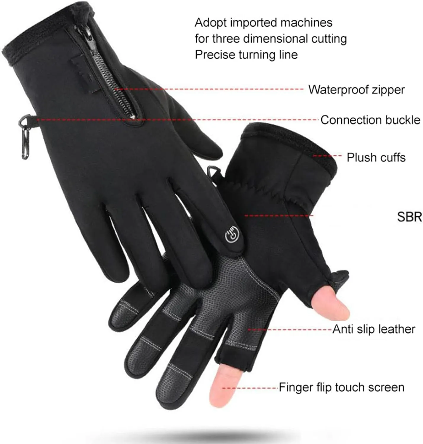 Fishing Gloves, Winter Cycling Gloves Warm Padded Thickening Touchscreen 2 Cut Fingers Waterproof Riding Gloves Black for Outdoor, Kayaking, Rowing