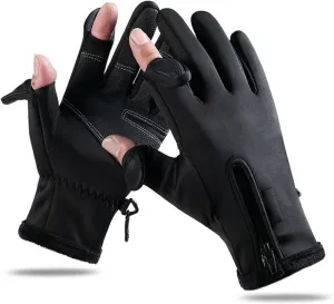 Fishing Gloves, Winter Cycling Gloves Warm Padded Thickening Touchscreen 2 Cut Fingers Waterproof Riding Gloves Black for Outdoor, Kayaking, Rowing