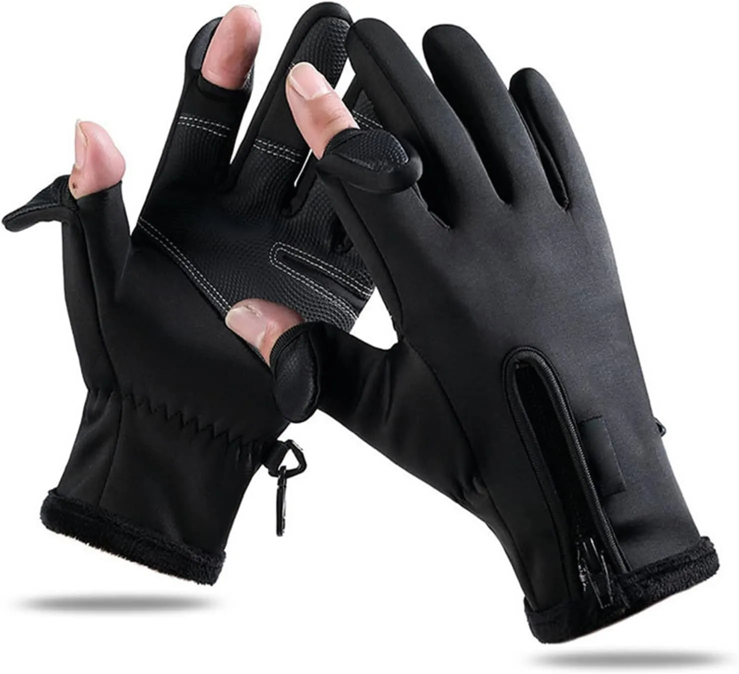 Fishing Gloves, Winter Cycling Gloves Warm Padded Thickening Touchscreen 2 Cut Fingers Waterproof Riding Gloves Black for Outdoor, Kayaking, Rowing
